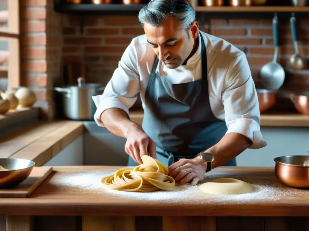 Momento mágico: Chef italiano experto en pasta fresca Un chef italiano experto en cocina tradicional y tendencias, enrolla a mano una delicada masa de pasta en una encimera de madera