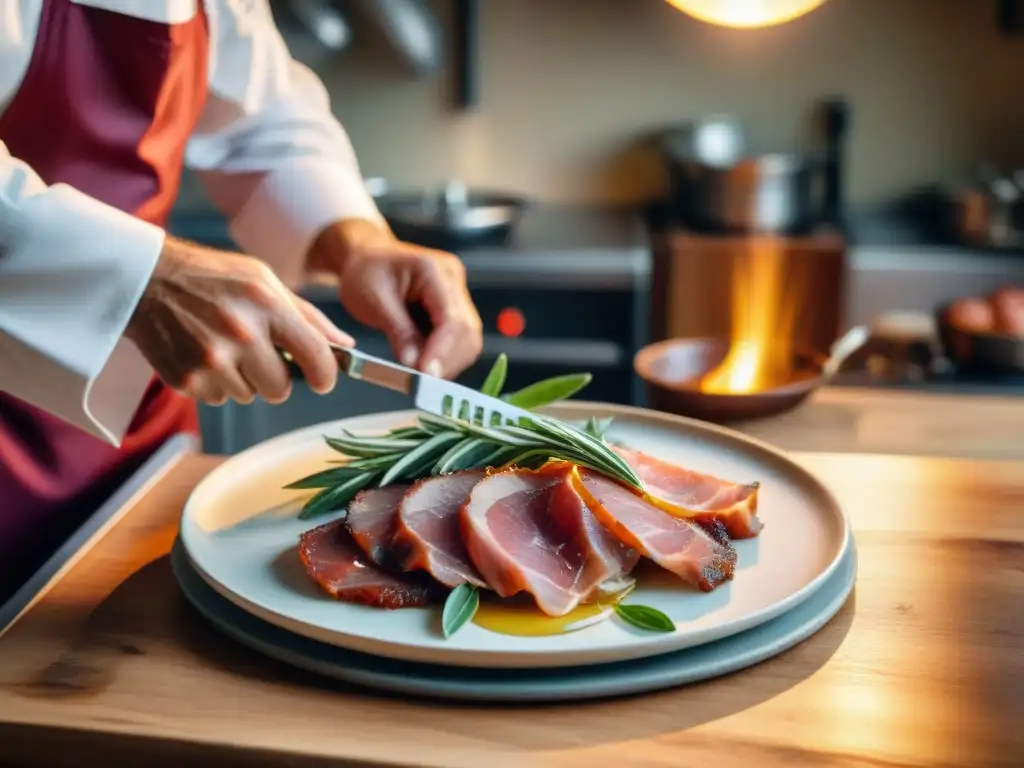 Un chef italiano experto en su cocina tradicional, preparando con técnica auténtica Saltimbocca