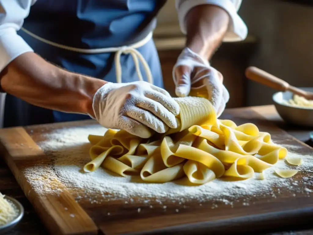 Un chef italiano experto en cocina Molise moderna moldea pasta tradicional con destreza en su cocina vintage