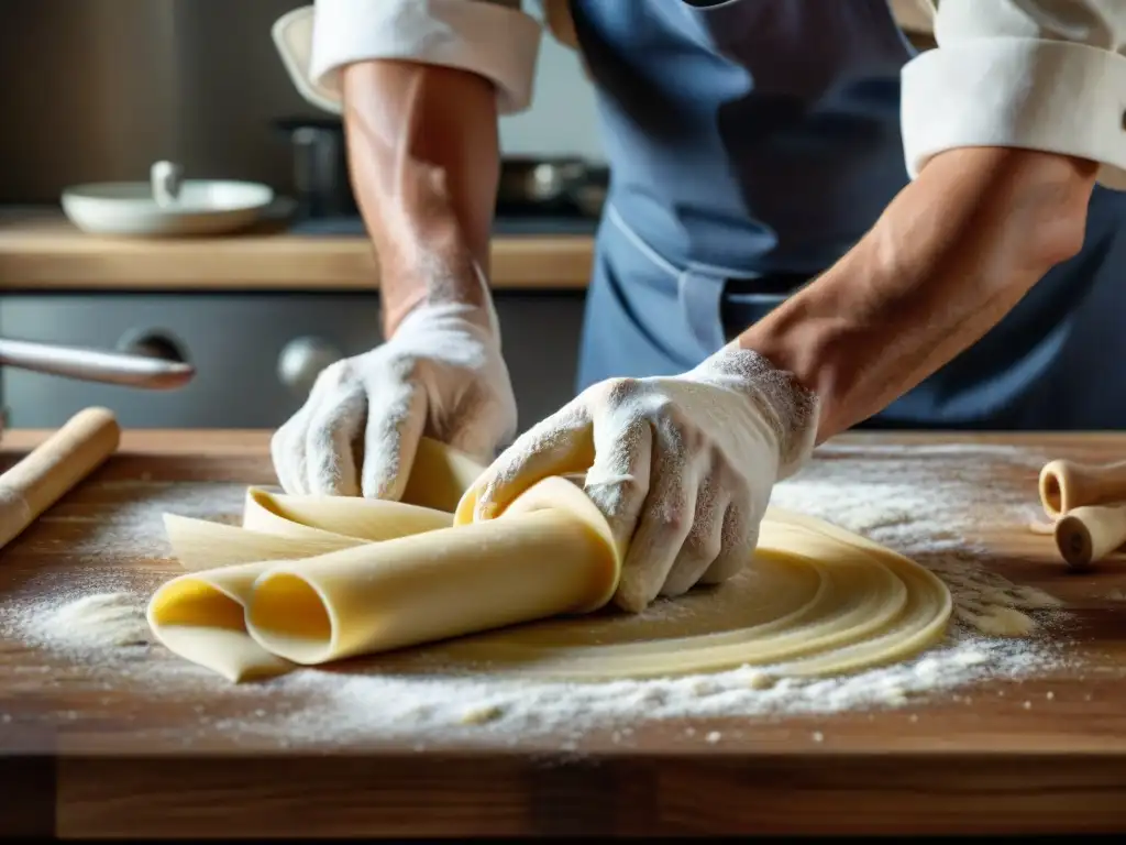 Un chef italiano experto en cocina, rodando masa fresca con destreza