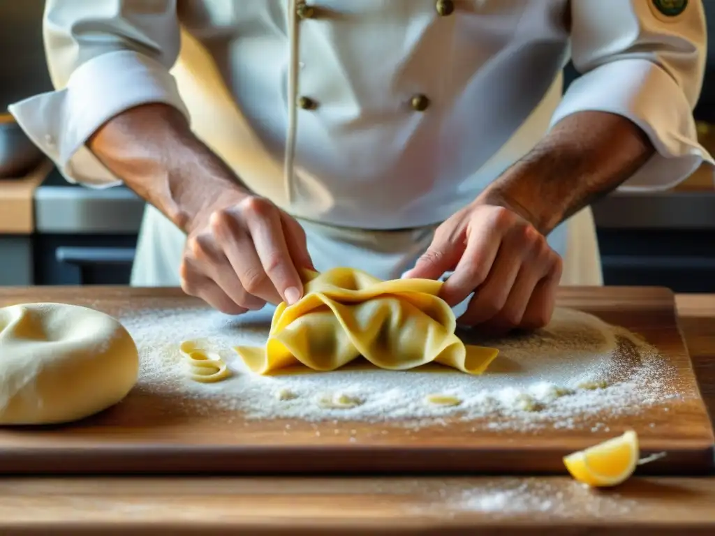 Un chef italiano experto en cocina tradicional enrolla tortellini a mano en una cocina rústica