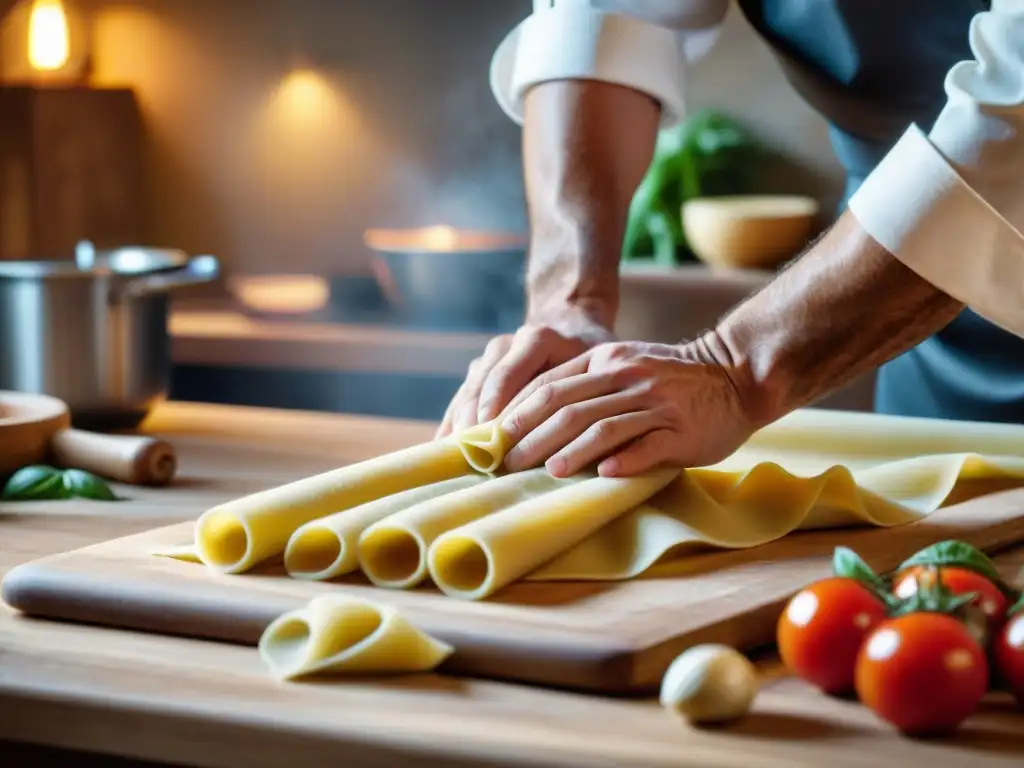 Un chef italiano experto en cocina italiana preparando pasta fresca a mano en una cocina tradicional