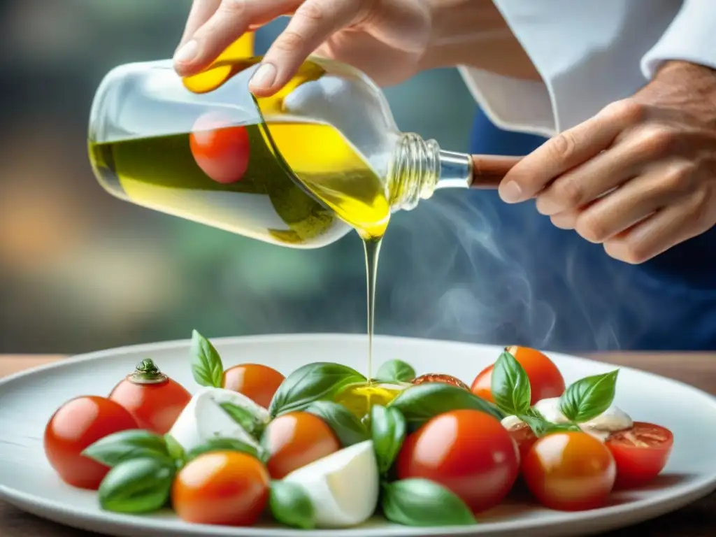 Un chef italiano experto conserva la cocina tradicional al aderezar una fresca ensalada Caprese con aceite de oliva virgen extra