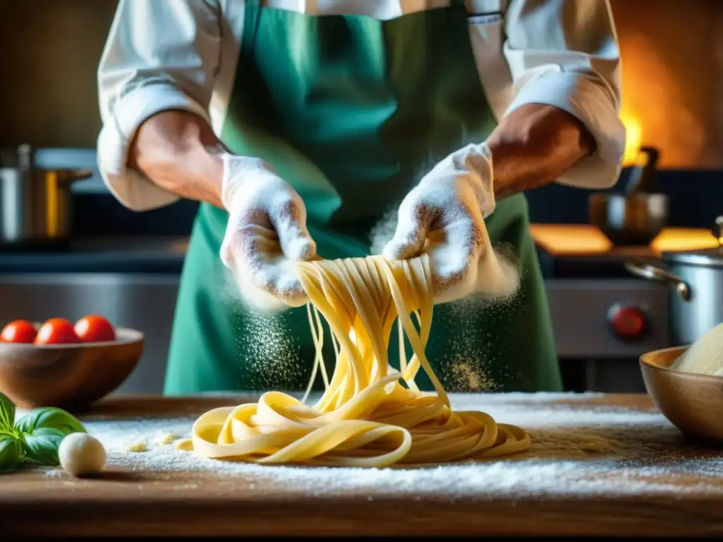 Chef italiano experto en cocina italiana platos tradicionales haciendo pasta casera en una cocina rústica