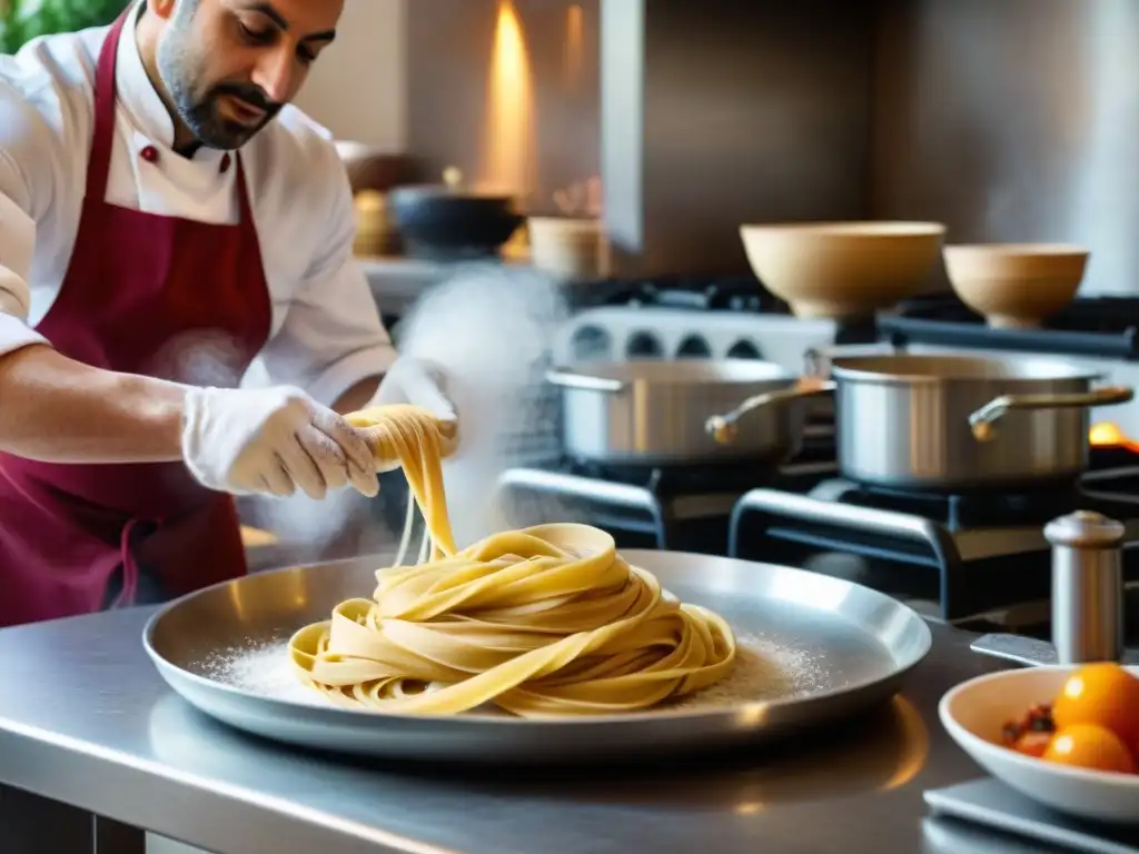 'Chef italiano experto reinventa comida rápida italiana con destreza y precisión en animada cocina tradicional'