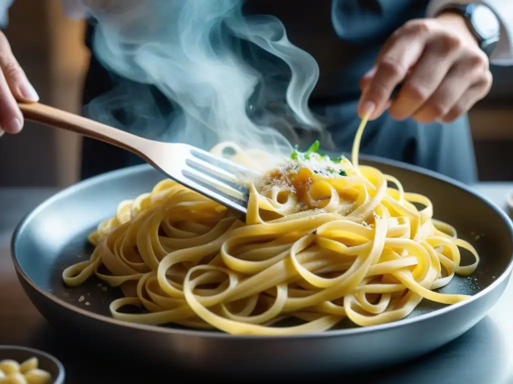 Un chef italiano experto en competencia pasta carbonara Roma, preparando pasta con salsa carbonara en una cocina romana tradicional