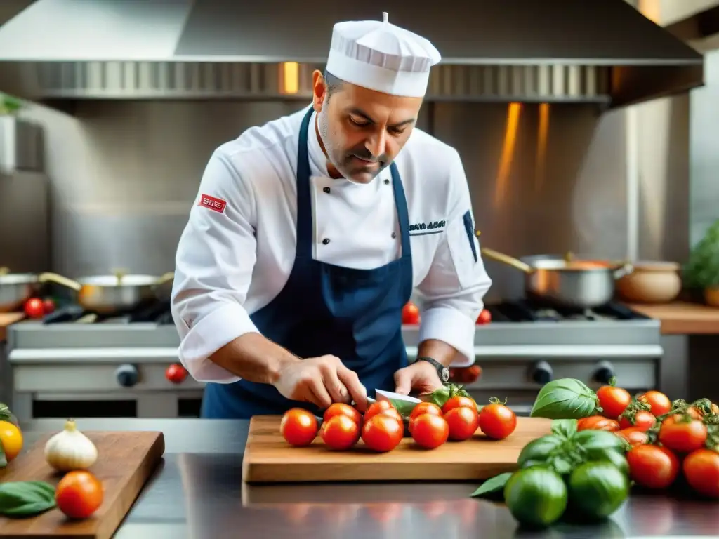 Un chef italiano experto corta tomate en cocina tradicional con Productos DOP e IGP en cocina italiana