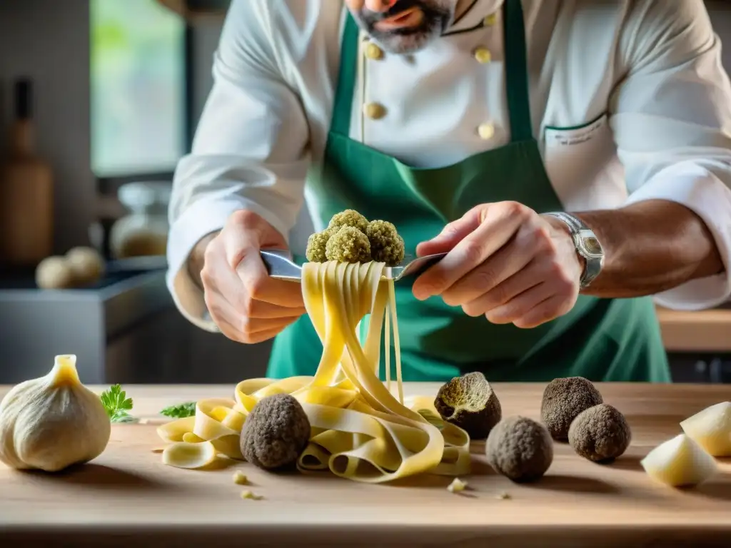 Un chef italiano experto corta trufas blancas sobre tagliatelle en una cocina rústica