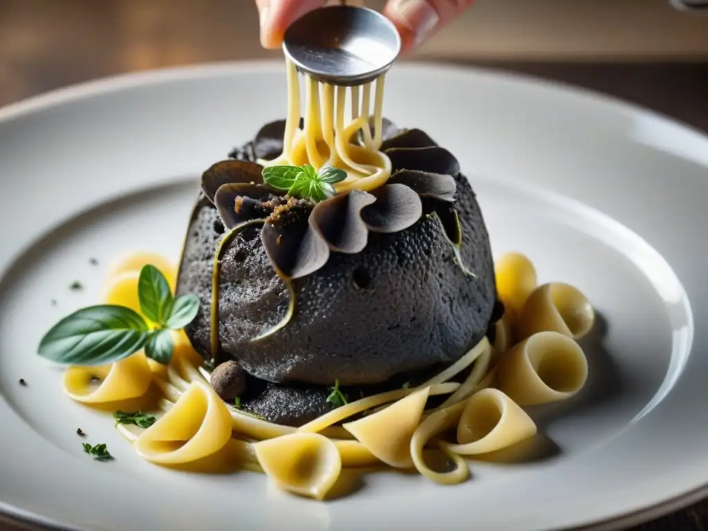 Un chef italiano experto corta trufas negras sobre fettuccine gourmet en una mesa elegante