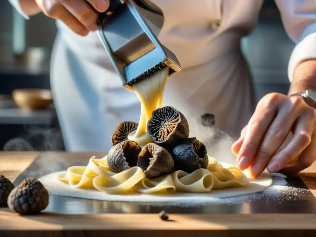 Un chef italiano experto corta delicadamente una trufa negra sobre pasta fresca, creando una experiencia culinaria única