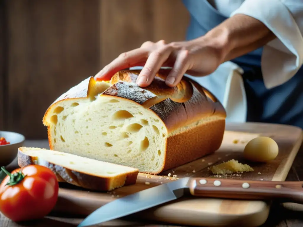 Un chef italiano experto corta una receta auténtica pane e pomodoro, destacando su textura y aroma