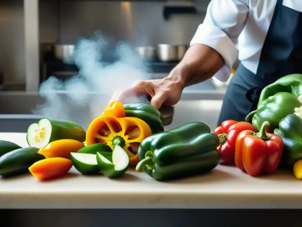 Un chef italiano experto corta vegetales con precisión usando mandolinas italianas para cortar vegetales, mostrando maestría culinaria