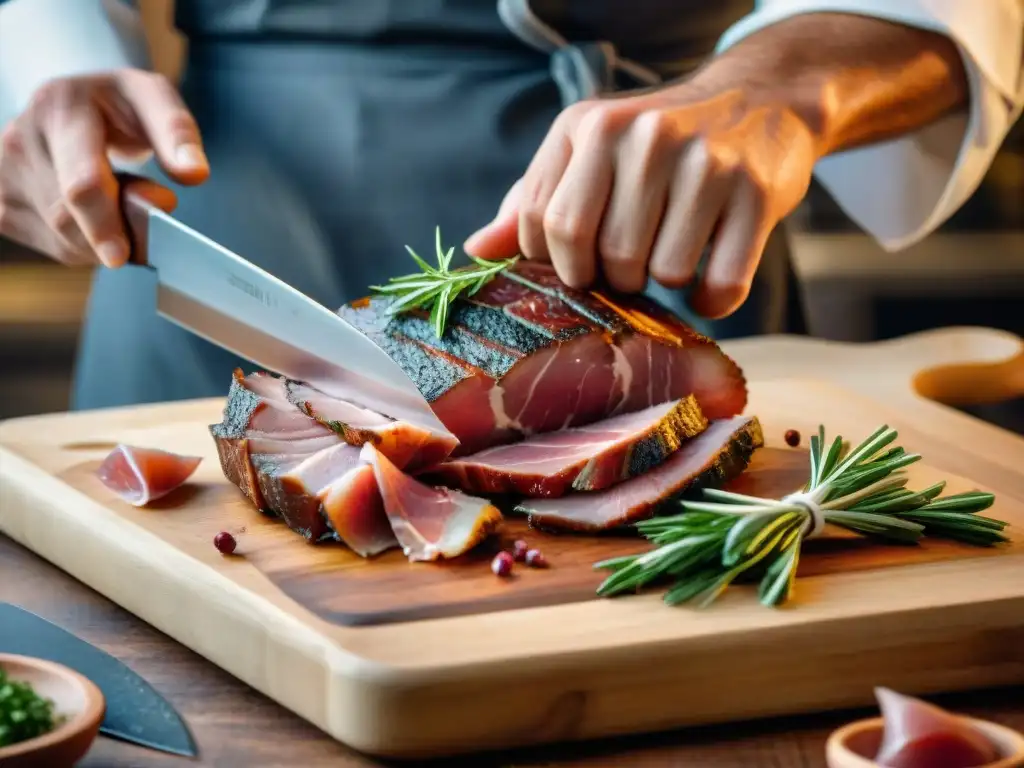 Un chef italiano experto corta finas lonchas de speck en una tabla de madera, en una cocina rústica