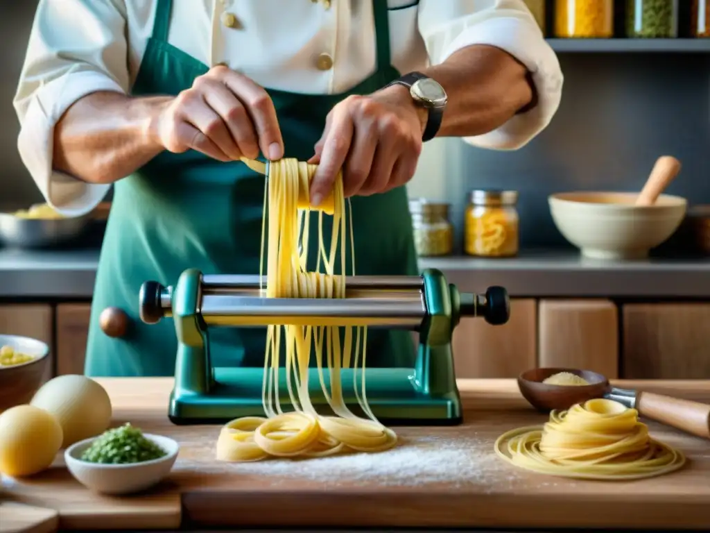 Un chef italiano experto usando un cortador de pasta manual para crear hebras perfectas de pasta fresca