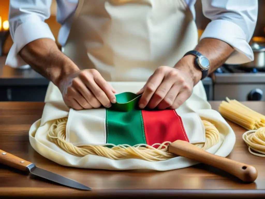 Un chef italiano experto borda un delantal personalizado con la bandera italiana y símbolos culinarios, en una cocina tradicional