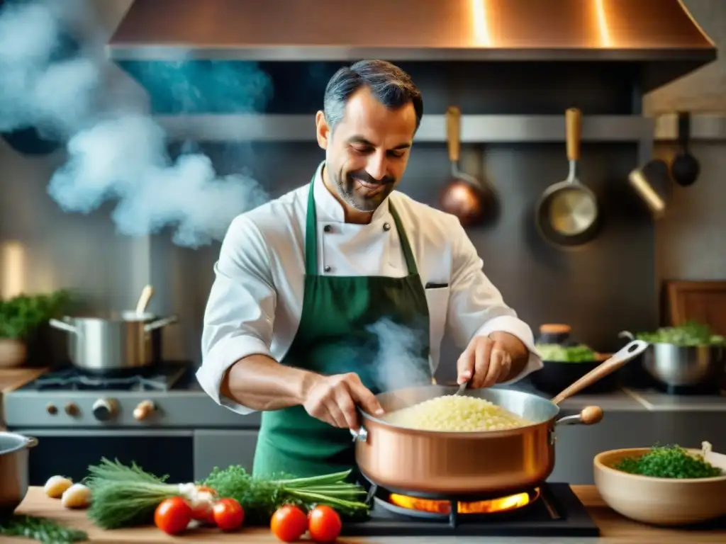 Un chef italiano experto preparando un delicioso risotto con vegetales frescos en una cocina tradicional