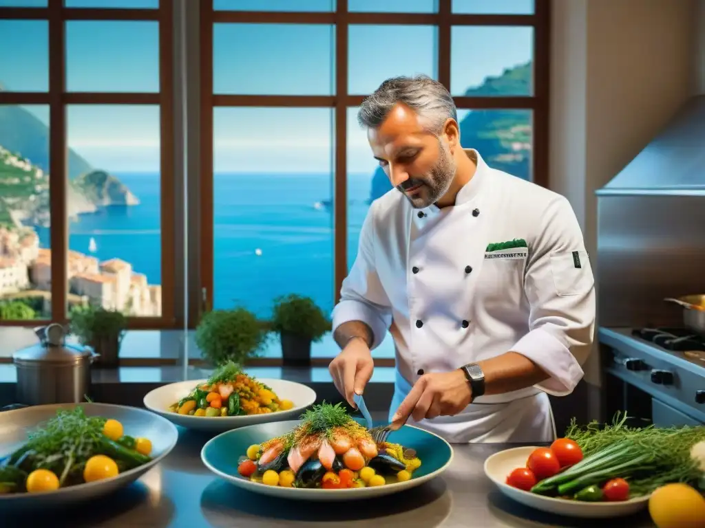 Un chef italiano experto deshuesa pescado fresco en una bulliciosa cocina ligure con influencia del mar, creando un plato tradicional