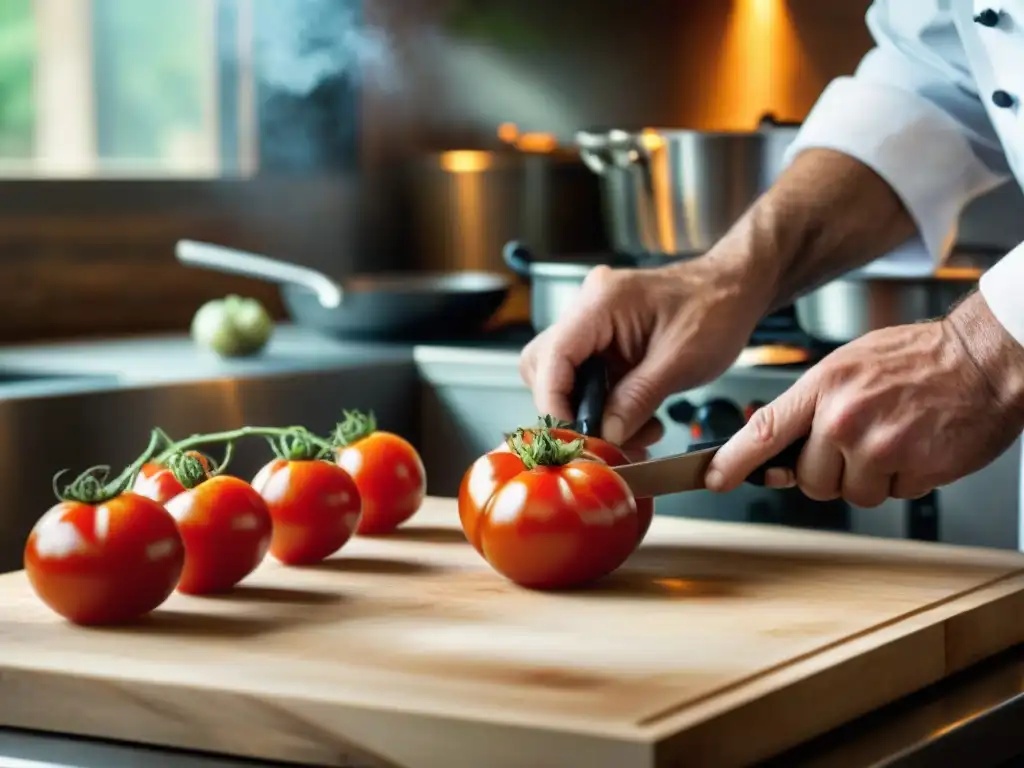 Un chef italiano experto reduce desperdicios en una cocina tradicional, cortando tomate con precisión