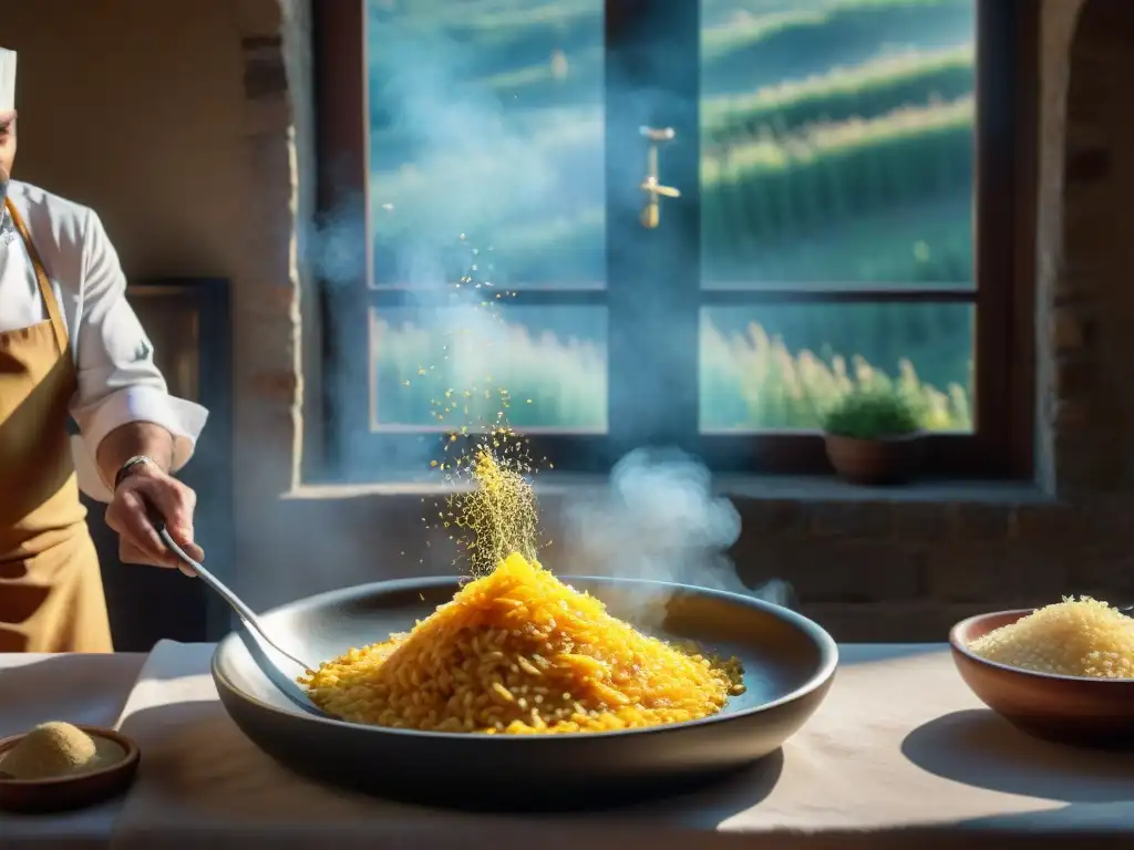 Un chef italiano experto añade Azafrán San Gimignano DOP a un risotto dorado en cocina tradicional toscana