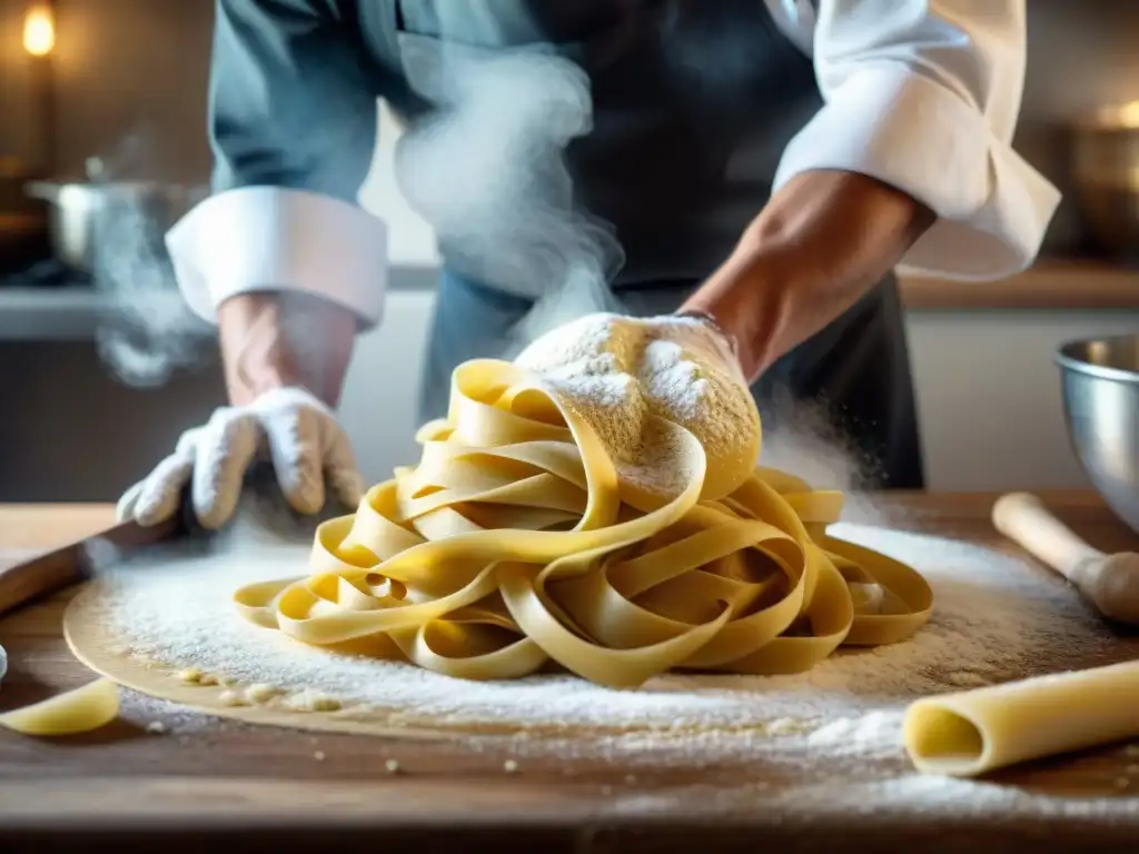 Un chef italiano experto en la elaboración de pasta fresca en una cocina rústica, capturando la tradición y arte culinario de la cultura italiana