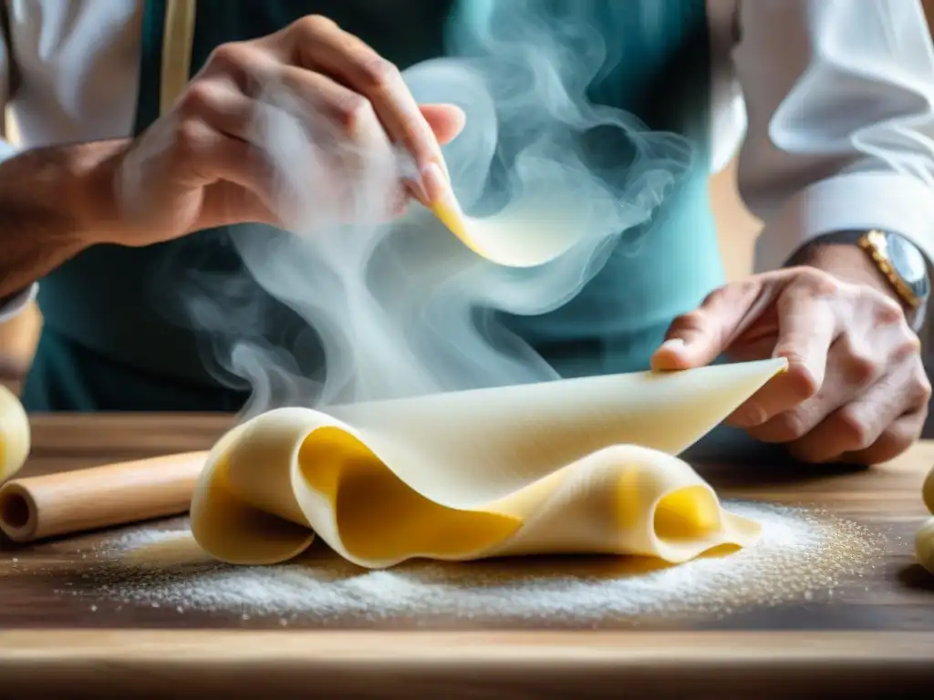 Un chef italiano experto en la elaboración de tortellini a mano, mostrando la artesanía detrás de este plato tradicional menos conocido en Italia