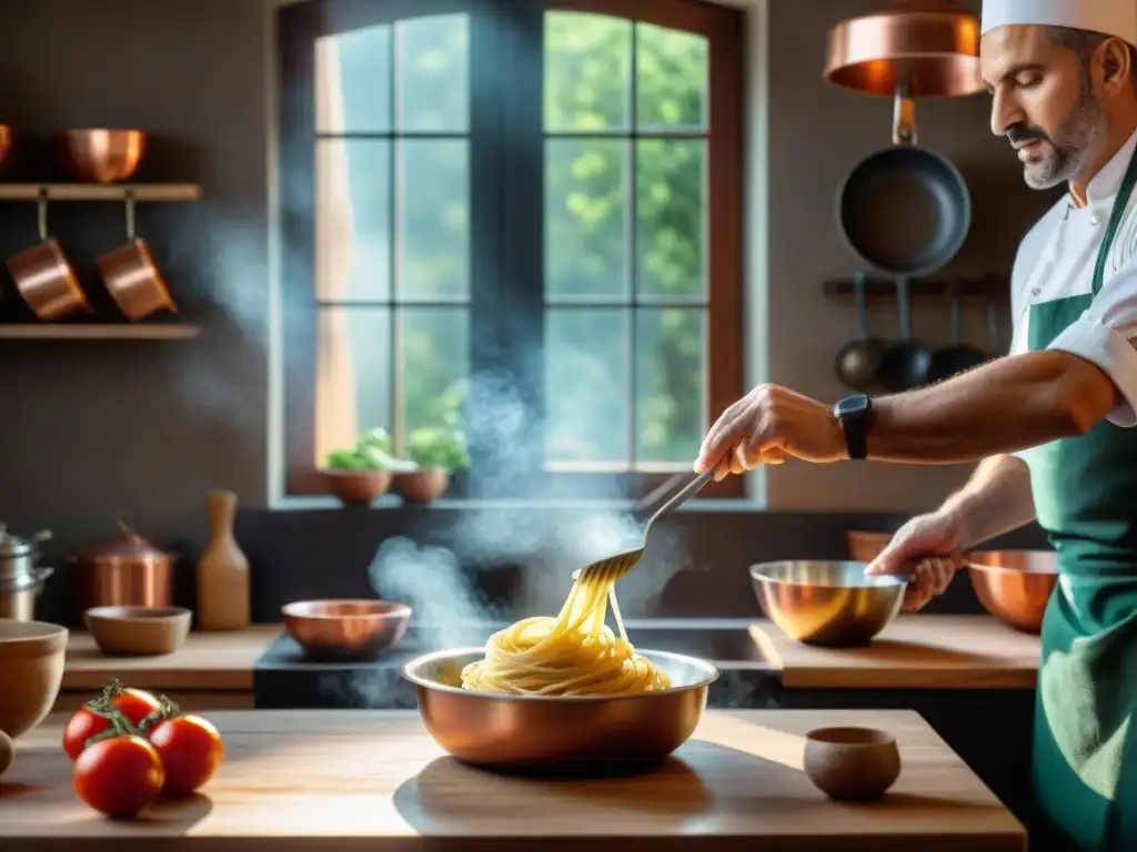 Un chef italiano experto en equilibrio perfecto cocina italiana, haciendo malabares con masa fresca en una cocina tradicional