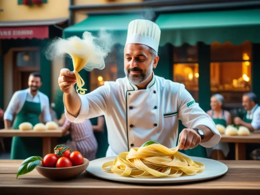 Un chef italiano experto hace espectáculos de cocina en vivo con pasta fresca, rodeado de una audiencia cautivada en una plaza al aire libre en Italia