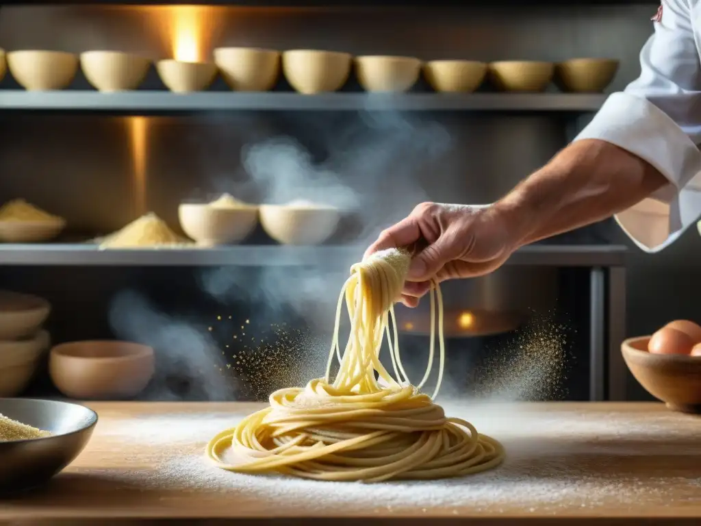 Un chef italiano experto en un evento perfecto, con manos hábiles creando pasta casera en una cocina rústica