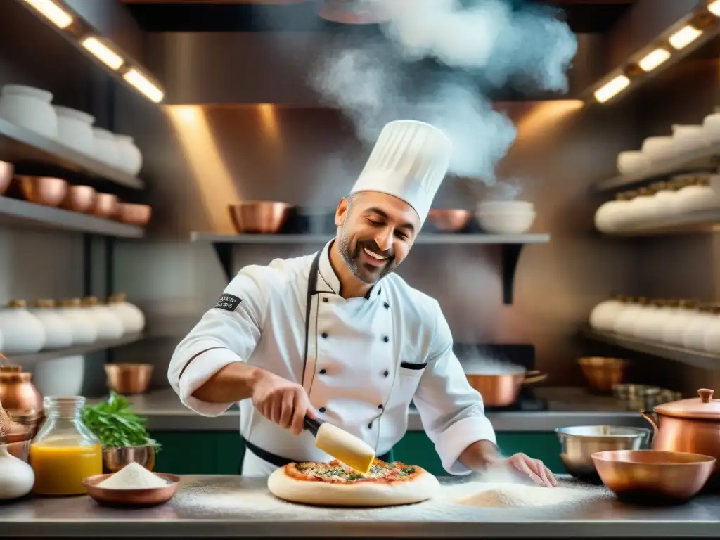 Chef italiano experto en evento, lanzando masa de pizza con destreza en cocina tradicional