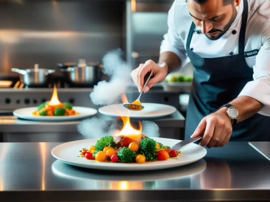 Un chef italiano experto crea un exquisito plato en un elegante restaurante