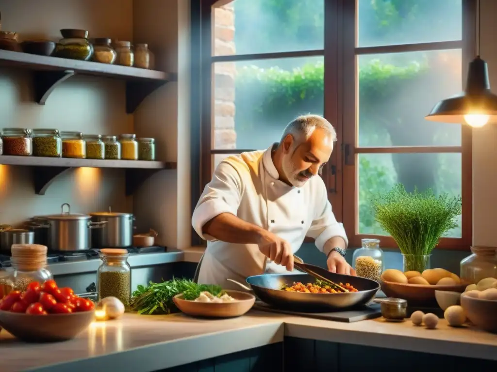 Un chef italiano experto prepara un exquisito plato de mariscos en una bulliciosa cocina italiana, desbordante de secretos culinarios