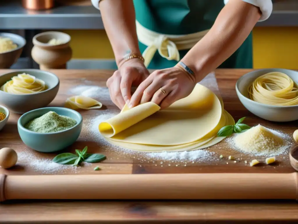 Un chef italiano experto enrolla finas láminas de masa fresca en un elegante curso de cocina italiana tradicional, entre hierbas secas y especias