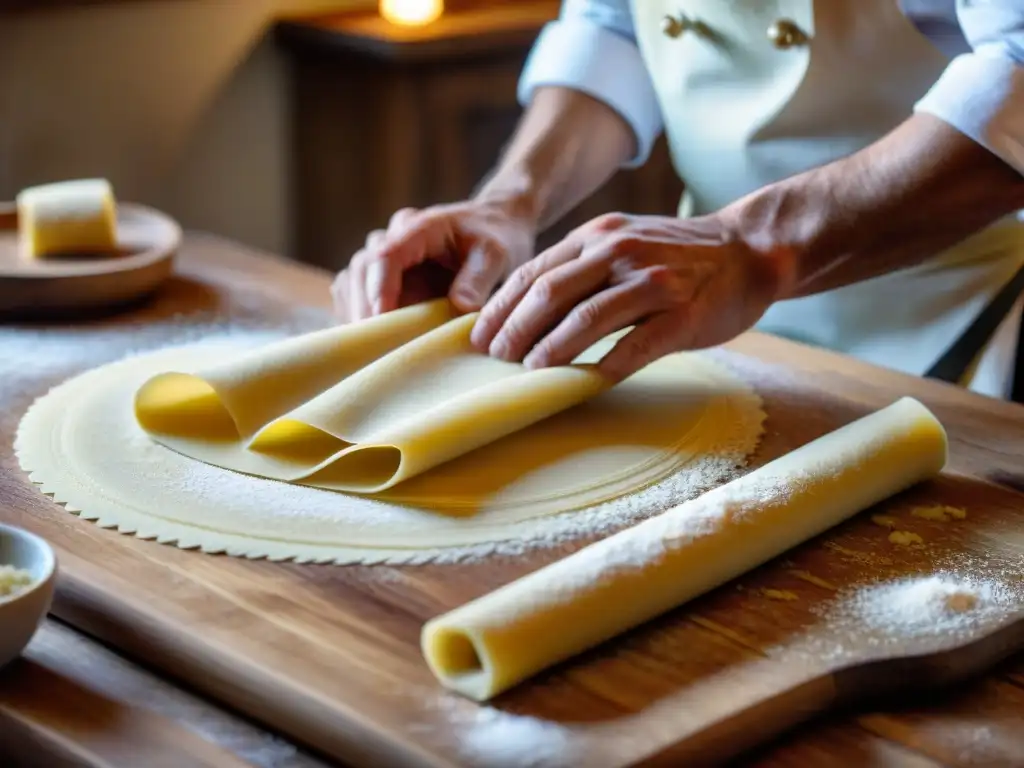 Un chef italiano experto elabora finas láminas de pasta fresca en una cocina auténtica, mostrando productos DOP e IGP en cocina italiana