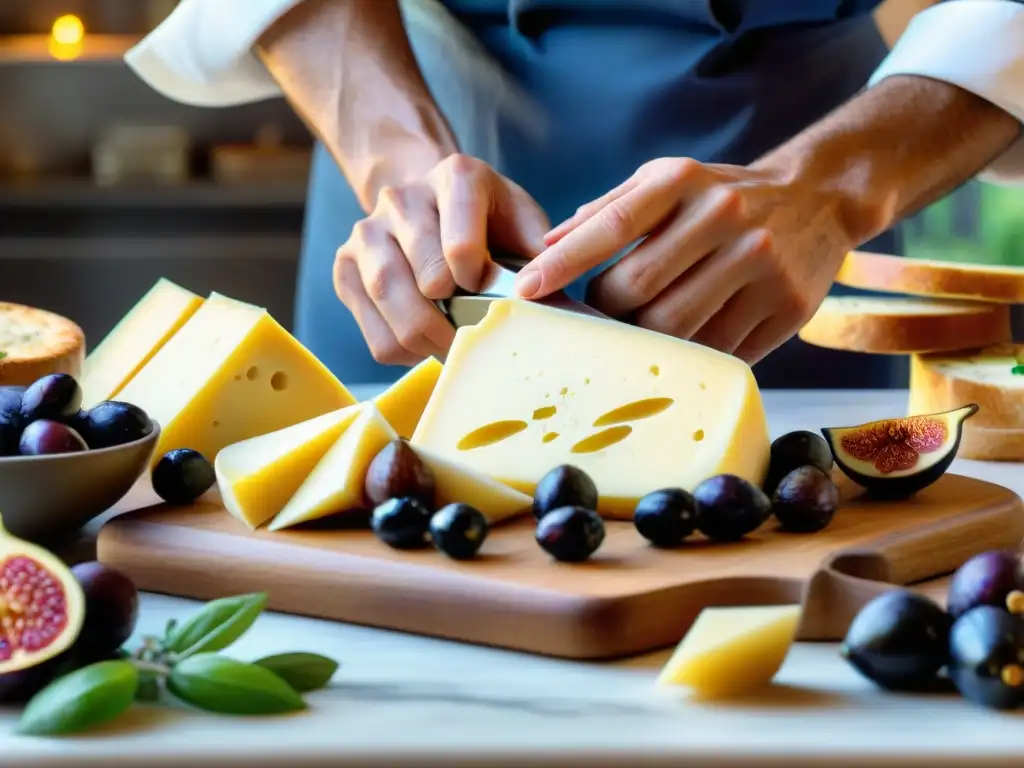 Un chef italiano experto, cortando finas lonchas de queso Taleggio sobre platos italianos