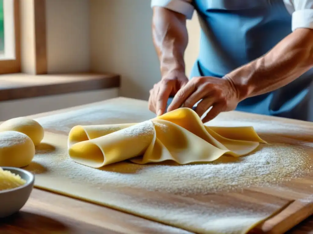 Un chef italiano experto estira finas láminas de masa fresca de pasta, creando tagliatelle, en una clase magistral de pasta fresca italiana