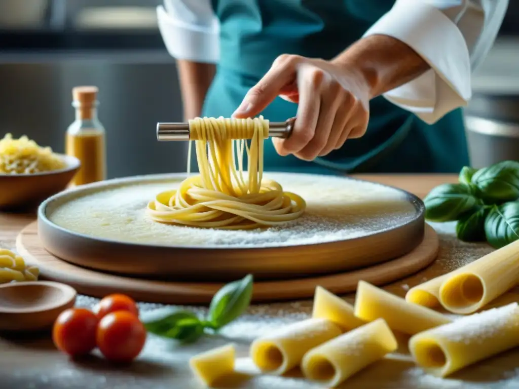 Un chef italiano experto crea formas de pasta con herramientas de pasta personalizadas en una cocina moderna