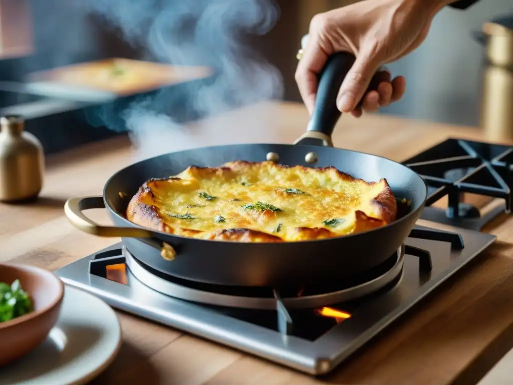 Un chef italiano experto preparando una frittata dorada en una cocina rústica