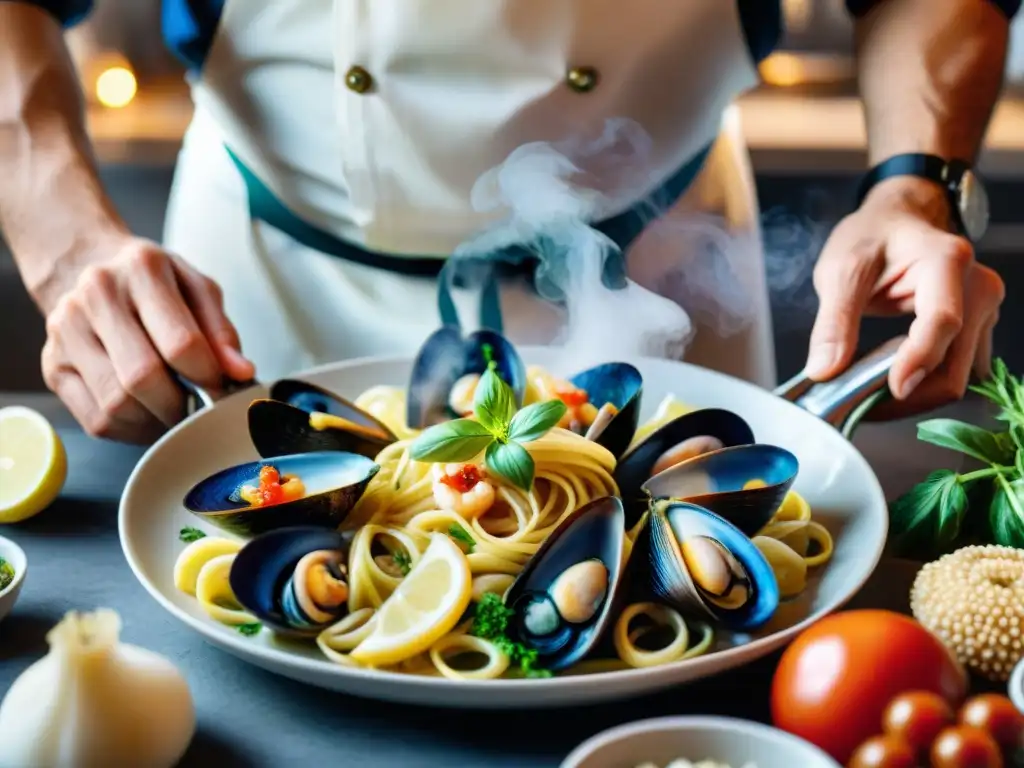 Un chef italiano experto preparando Frutti di Mare en una cocina rústica