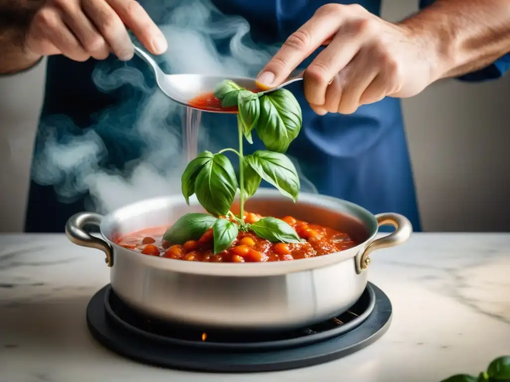 Un chef italiano experto mezcla hojas de albahaca fresca en salsa de tomate, fusionando tradición y tendencias modernas en cocina italiana