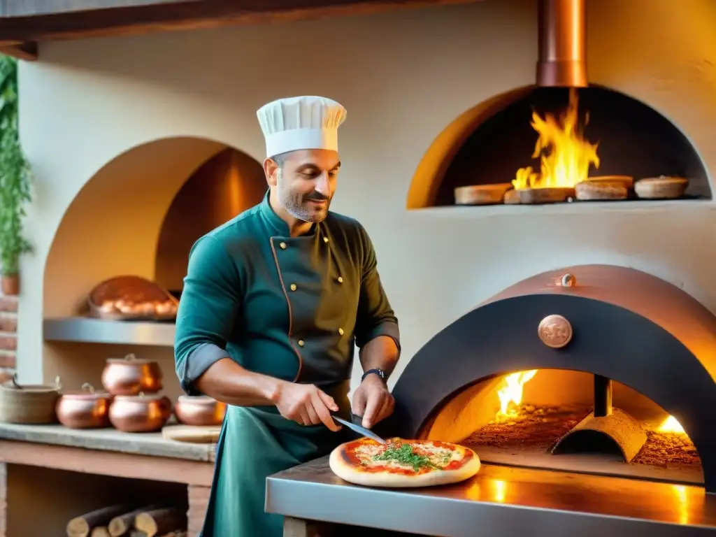 Chef italiano experto en horno de leña, ambiente cálido con utensilios de cobre y hierbas frescas