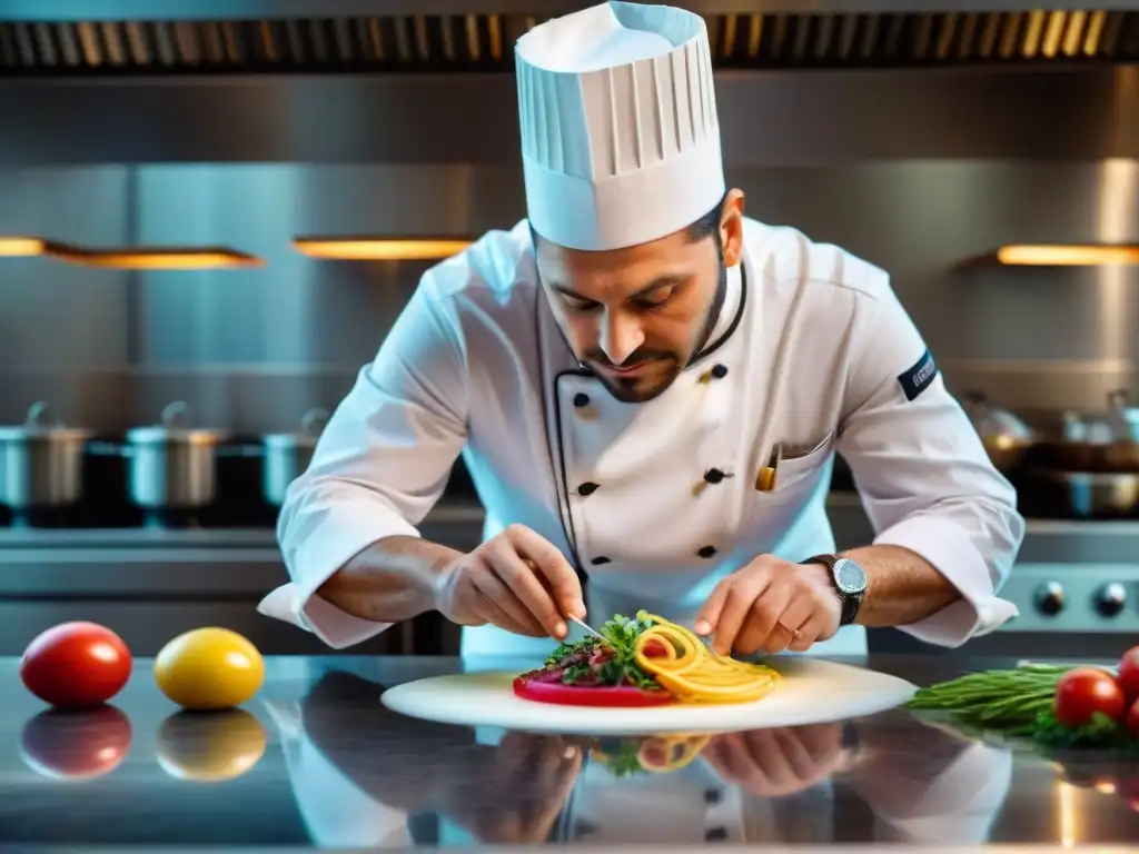 Un chef italiano experto creando una impresionante receta de cocina italiana en un lujoso restaurante