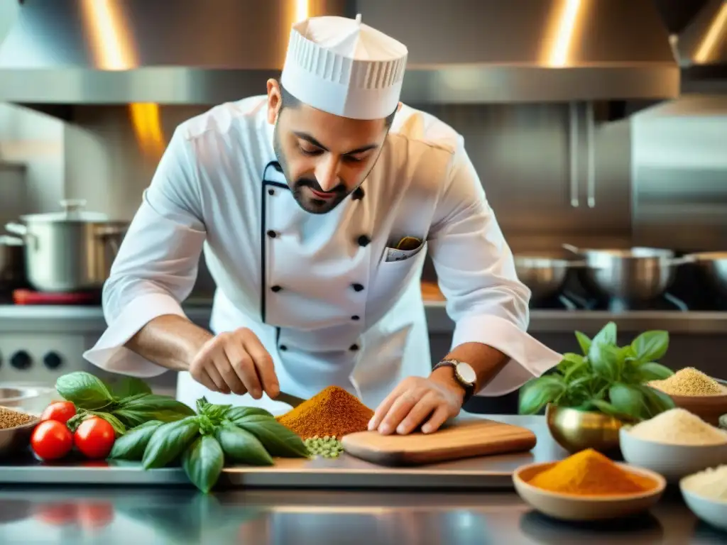 Un chef italiano experto fusiona ingredientes tradicionales con especias vibrantes de diversas culturas en una bulliciosa cocina multicultural