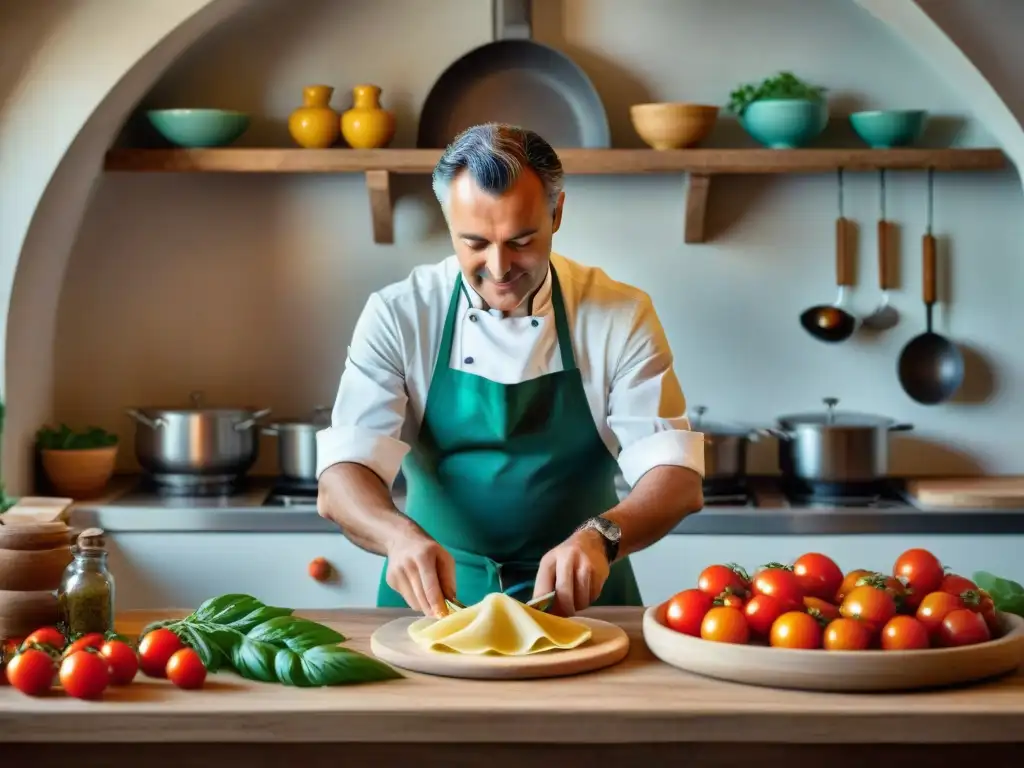 Un chef italiano experto en la isla de Capri preparando ravioli en una cocina rústica