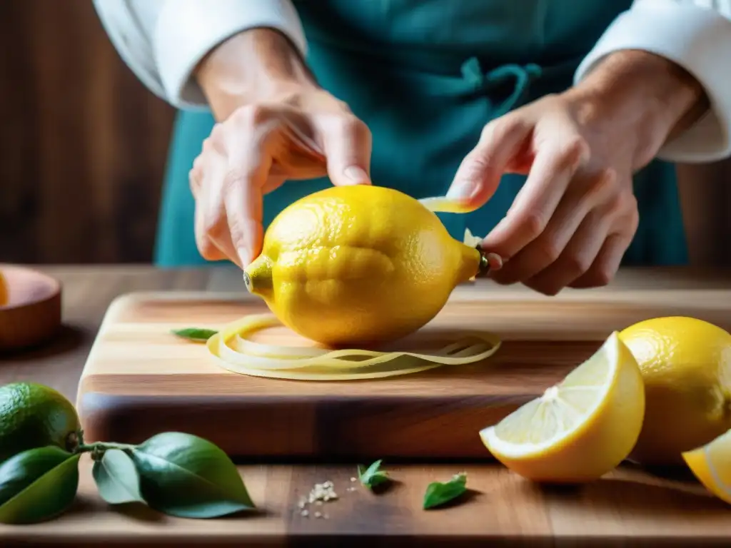 Un chef italiano experto zesteando un Limón de Sorrento IGP sobre tabla de cortar de madera, en detalle, para cocina italiana