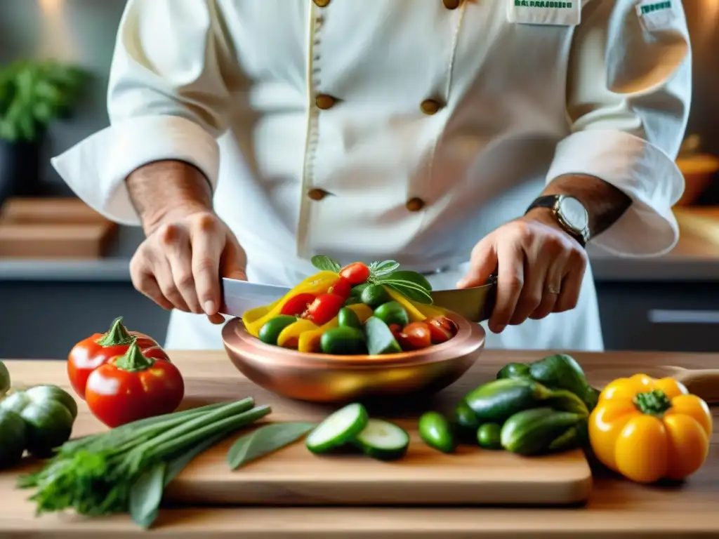 Un chef italiano experto usando una mandolina tradicional para cortar vegetales frescos con precisión en una cocina rústica