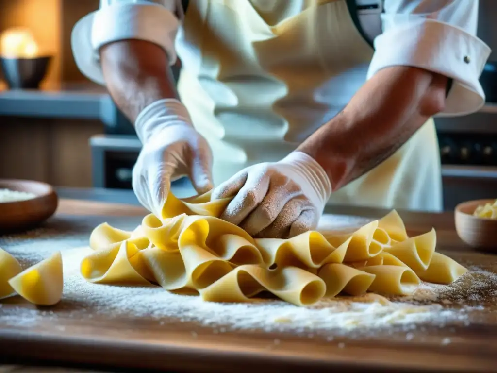 Un chef italiano experto estira a mano la masa fresca, mostrando la innovación en la cocina italiana