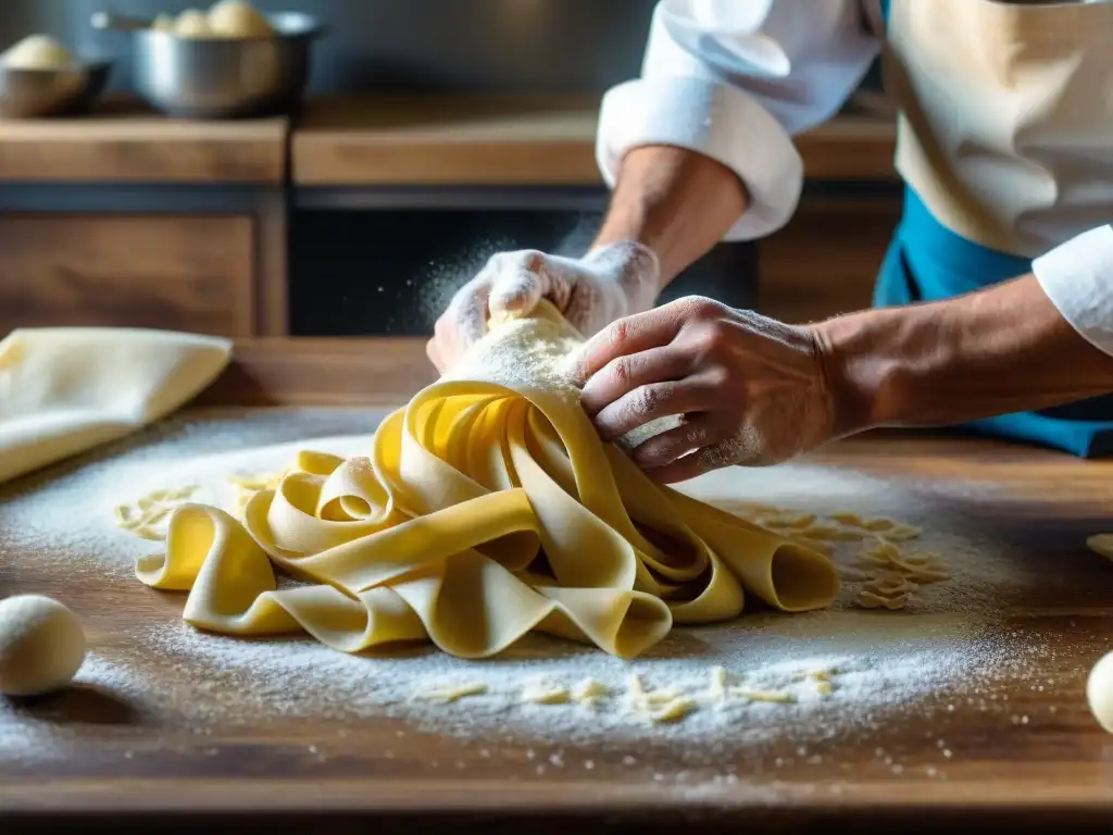 Un chef italiano experto en cocina slow food realiza a mano tagliatelle en una cocina rústica, mostrando la tradición culinaria