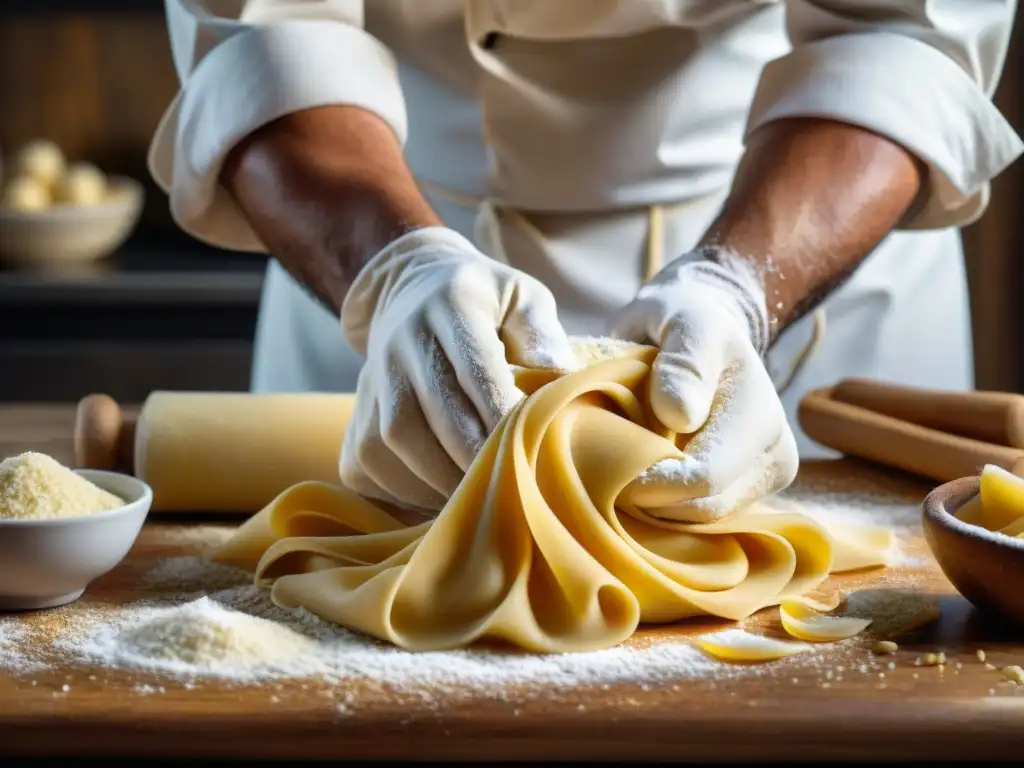 Un chef italiano experto enrolla a mano masa de pasta, mostrando la elaboración artesanal de Platos italianos tradicionales DOP