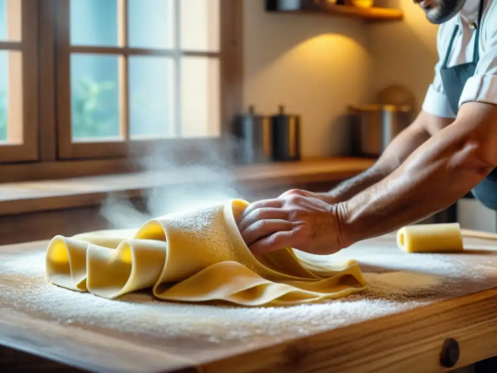 Un chef italiano experto enrolla a mano la masa fresca de pasta con harina esparcida en la encimera de madera, con luz natural iluminando el proceso de pastamaking tradicional en Italia