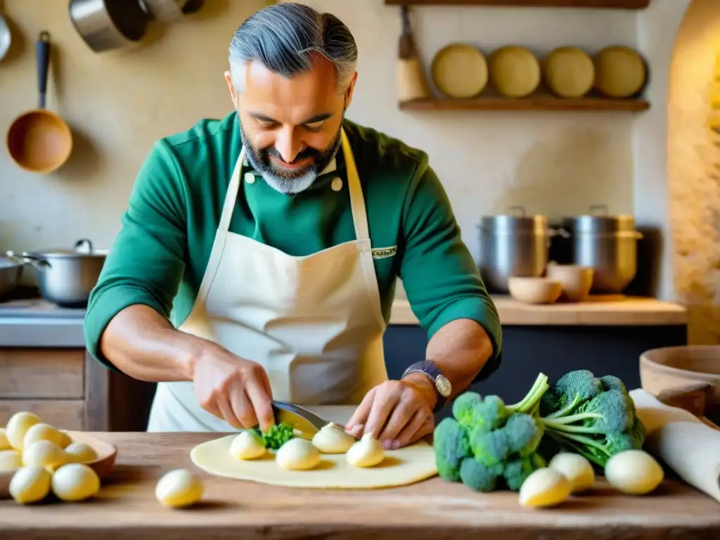 Un chef italiano experto hace orecchiette a mano en una cocina rústica de Puglia con brócoli